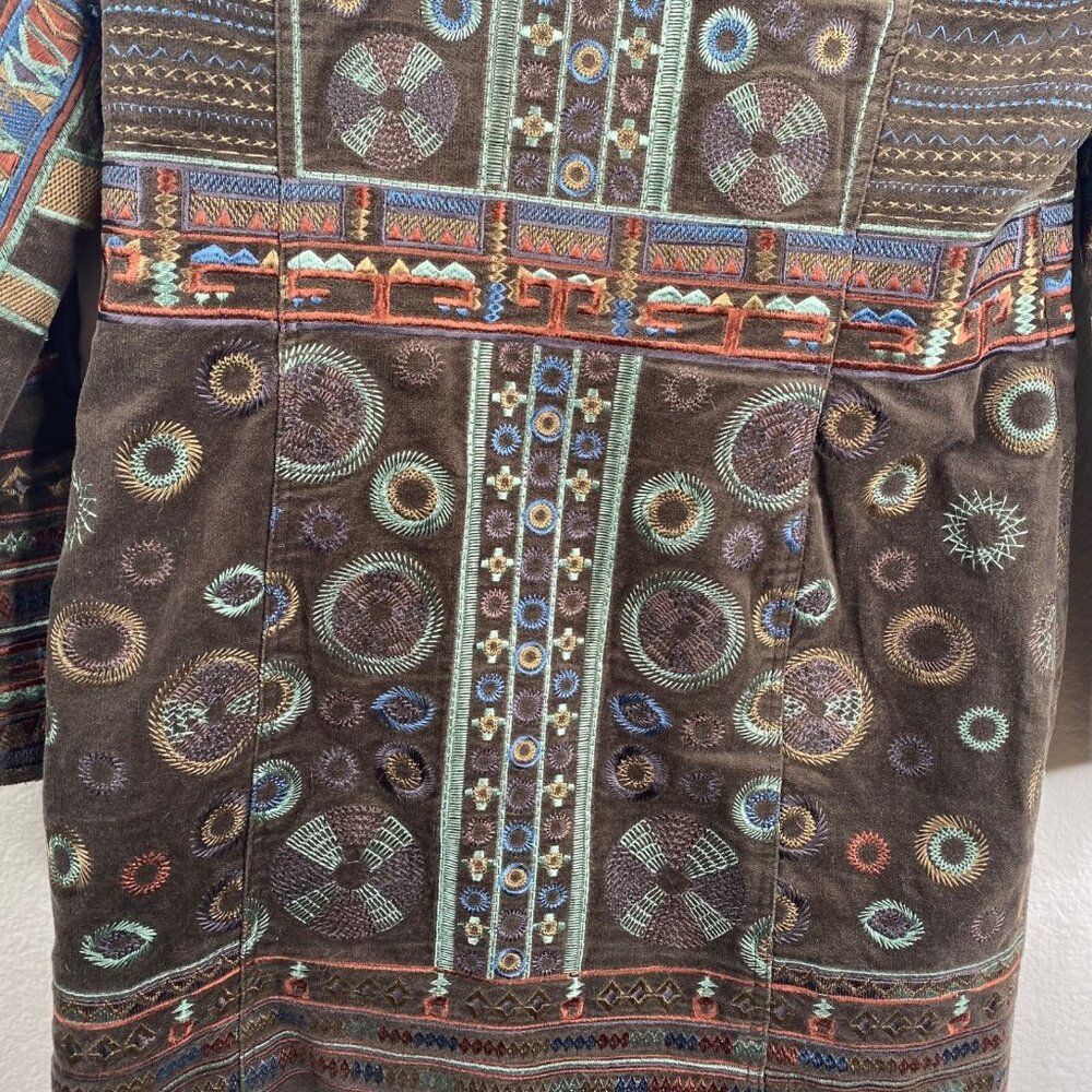 Pamela McCoy Coat Women's Brown Sz M Embroidered Studded Boho Ecletic Mid Length - Picture 12 of 16